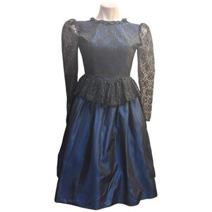 Vintage Jessica McClintock Black & Blue Dress A-Line Lace Top Elegant Size: 10